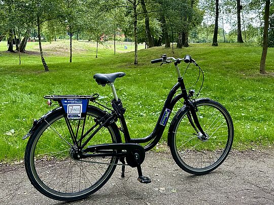 black bicycle in front of a green