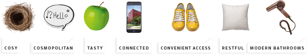 A nest, a speech bubble, an apple, a mobile telephone, a pair of shoes, a pillow and a hair dryer